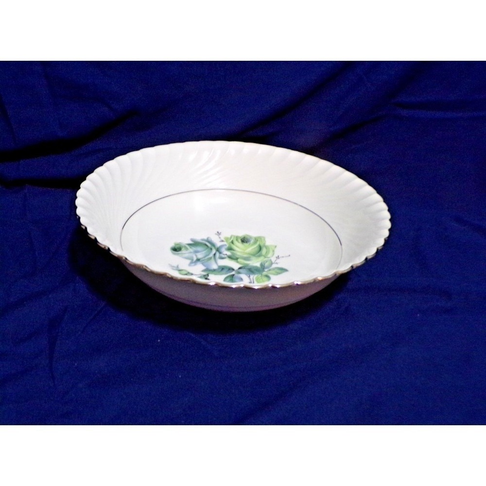 Konigl pr tettau Porcelain Dinnerware Serving Bowl Blue & Green Roses Silver Tr
